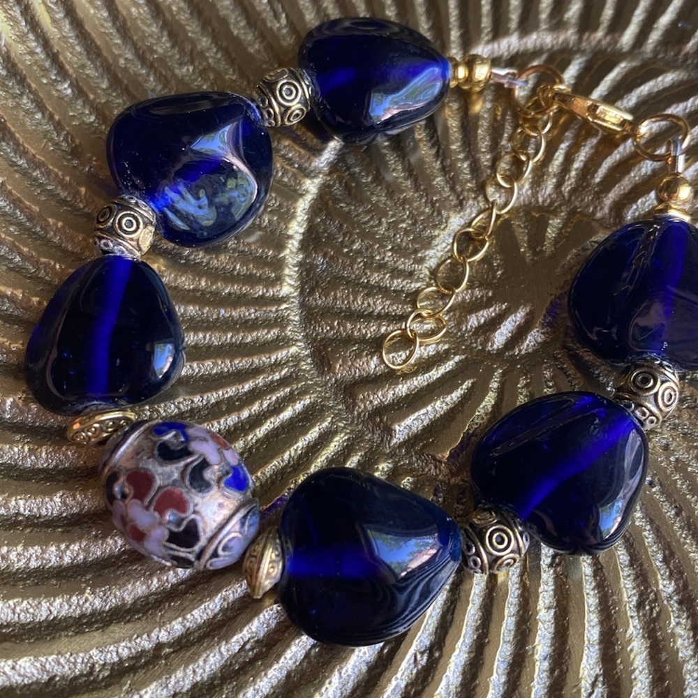 Handmade Blue Glass and Cloisonne Center Beaded Bracelet